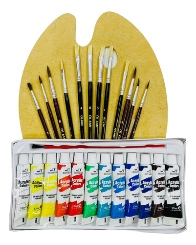 Kit De Paleta Oleo Pintor Pinceles 12 Acrilicos