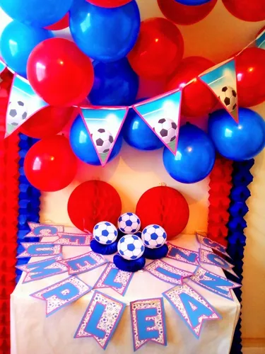 Cumpleaños Fútbol Premium: Decoración Azul Y Roja 33 Piezas