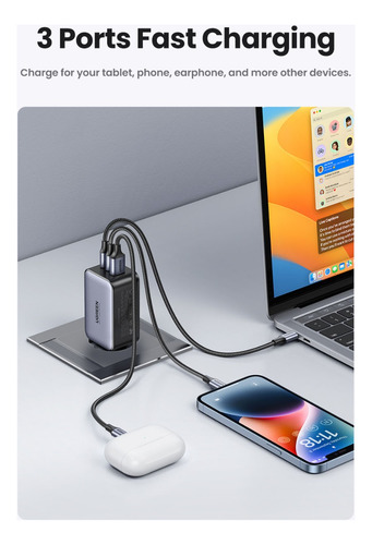 Ugreen Cargador Nexode Usb-c 65w 3 Puertos Gan Cd244 - 10334