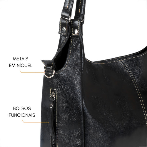Bolso hobo Magon Couros 2293, diseño de piel de vacuno negra lisa con correa de hombro negra, correas de color negro