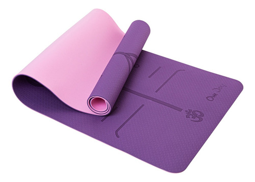 Tapete Yoga Tpe Mat Pilates 6mm Estampado Linha De Posturas Cor Roxo e Rosa