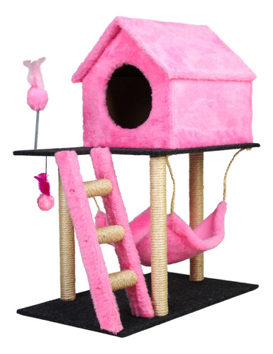 Casa Para Gatos Arranhador Dois Andares Com Rede E Escada Cor Rosa