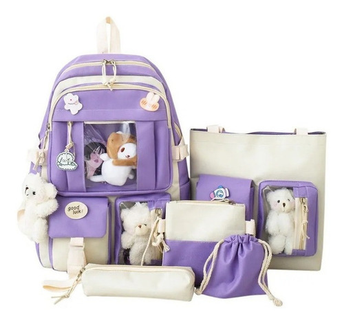 Mochila Escolar 5 Piezas Combo Set Kawaii Estilo Coreana Color Violeta