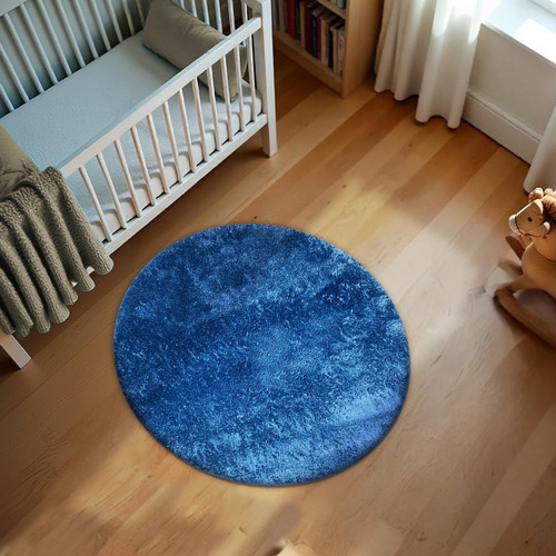 1 Tapete Quarto Infantil Peludo Redondo 1,50m Oa Cl Azj Comprimento 1.5 M Cor Azul Jeans Escuro Marinho Desenho Do Tecido Felpudo Liso Largura 1.5 M