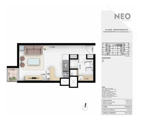 Imagen 10 de 17 de Venta Apartamento Monoambiente Pocitos Neo Buxareo