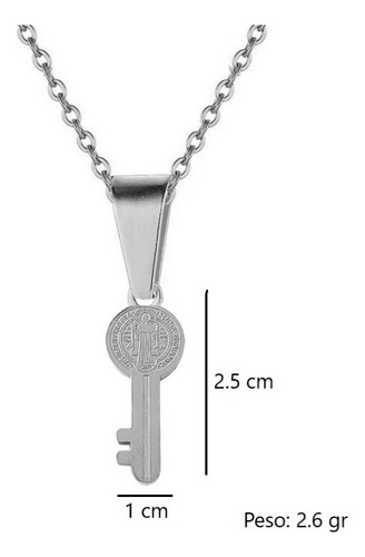 Collar Llave Medalla San Benito Acero Plateada + Estuche
