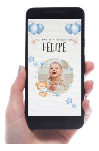 Invitación Digital Bautismo Ositos - Blue Balloon Celeste