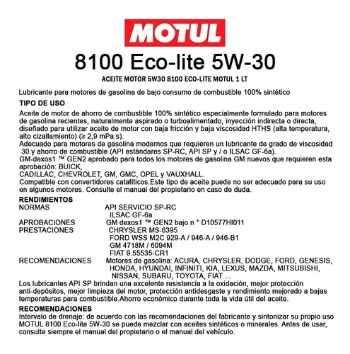 Aceite Sintético 5w30 Para Auto Motul 8100 Eco-lite Caja 12l
