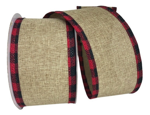 Fita Aramada Decorativa 6,3cm Natural Com Borda Xadrez 9,14m
