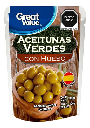 2 Pza Aceitunas Verdes Great Value Con Hueso 190 G