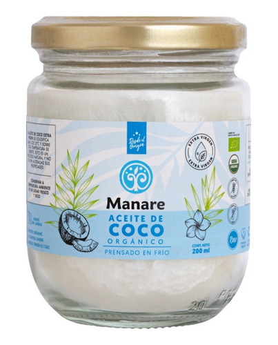 Aceite De Coco Organico 200ml Prensado Al Frio - Manare