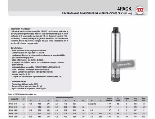 Imagen 2 de 4 de Bomba Sumergible Pozo Motorarg 4pack 50m Eleva 35mts Altura
