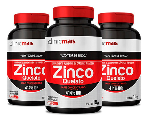 Kit 3 Zinco Quelato 500mg Clinic Mais 30 Cápsulas