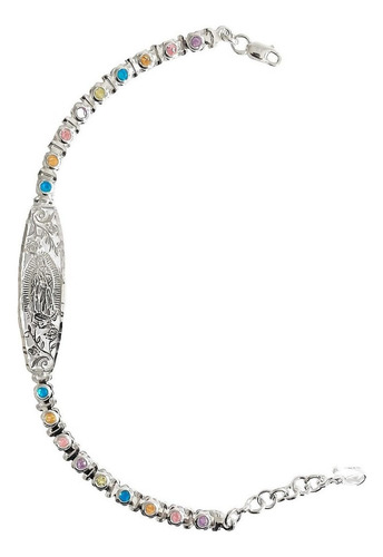 Pulsera Ajustable Placa Virgen Guadalupe Zirconias Plata 925 Color Pastel Diámetro 6 Cm