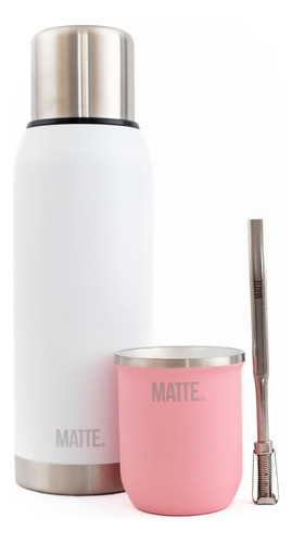 Set Termo Matte White 1l + Mate Steel + Bombilla 