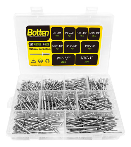 Botten 295 Remache Ciego Acero Inoxidable 9 Tamaño Kit Pop