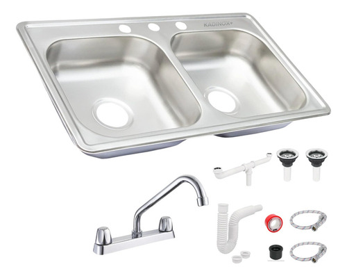 Fregadero Tarja Tina Doble Acero Inox 84x48 Con Kit Mez Flex Color Mezcladora Fija