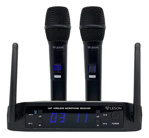 comprar Microfone Duplo Sem Fio Digital 32 Frequências Recarregável Ls916 Leson Cor Preto