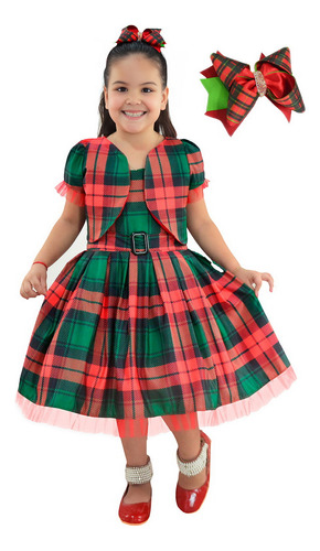 Vestido Infantil Xadrez Vermelho Verde Natal + Bolero + Laço