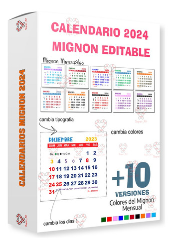 Kit Imprimible Calendario Mignon 2024 En 10 Colores Editable