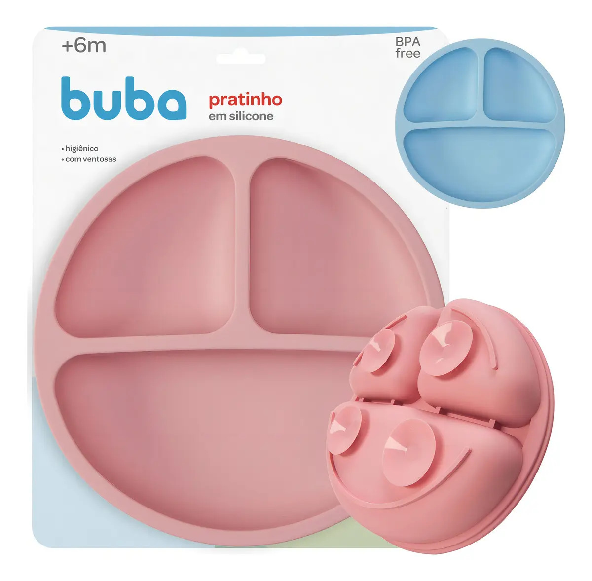 Prato Refeição Infantil Silicone C/ 3 Divisória Ventosa Buba Cor Rosa