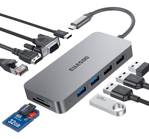 Euasoo - Hub Usb C, Adaptador 10 En 1 Con Ethernet De 1 Gbps