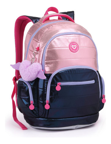 Mochila Costas Menina Juvenil Chaveiro Asas Escola Faculdade Cor Azul