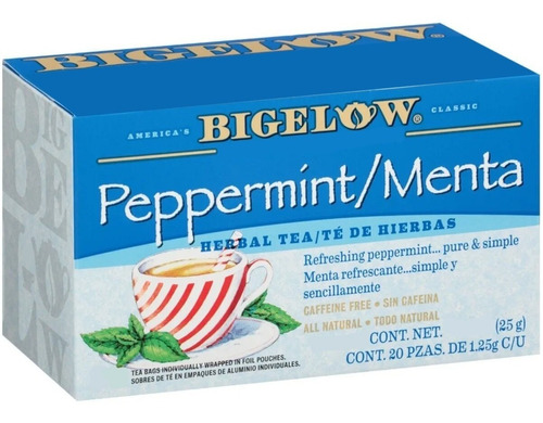 Te Bigelow Peppermint Menta Gourmet Sin Cafeina 20 Bolsas Te