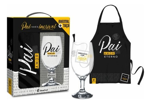 Kit Taça Cerveja + Avental Churrasqueiro Presente Pai Avô Cor Preto