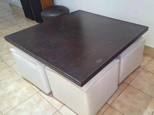 Mesa Ratona En Cuero - Living Comedor + 4 Puff Impecable