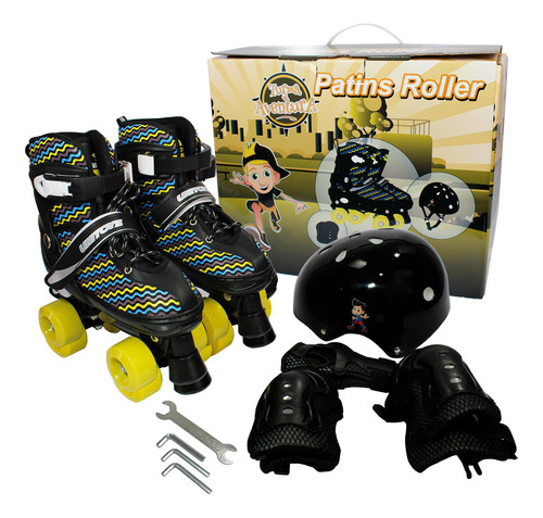 Patins Roller Infantil Preto Kit Proteção Ajustável 30 Ao 33