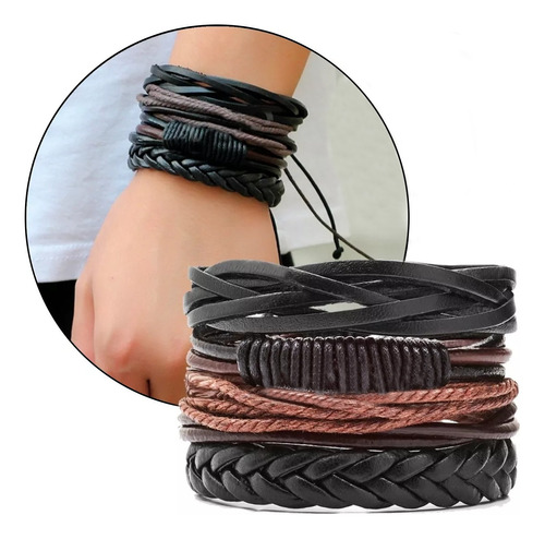 Pulsera Hombre - Pulsera Cuero Genuino - Pulseras Conjunto 4 En 1 - Brazalete Hombre - Pulseras Hombre