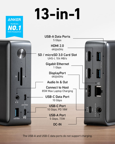 Estación De Acoplamiento Anker 575 Usb-c (13 En 1) Con Carga