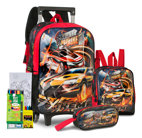 Kit Mochila Estojo Lancheira Infantil Hot Fast Machine Cars