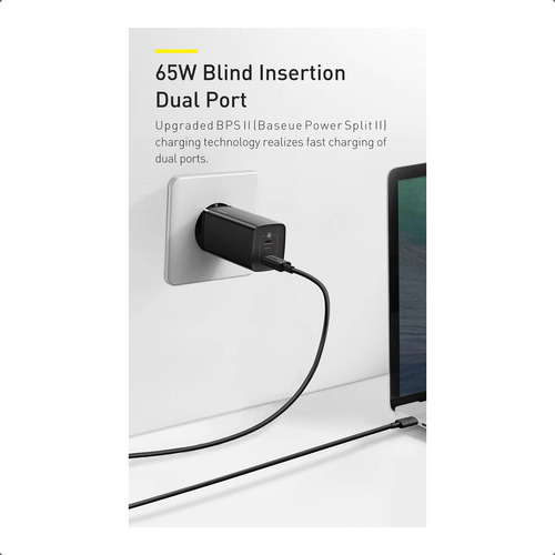 Cargador Rápido Baseus Gan2 Lite 65w 2 Puertos Usb C Pd 3.0