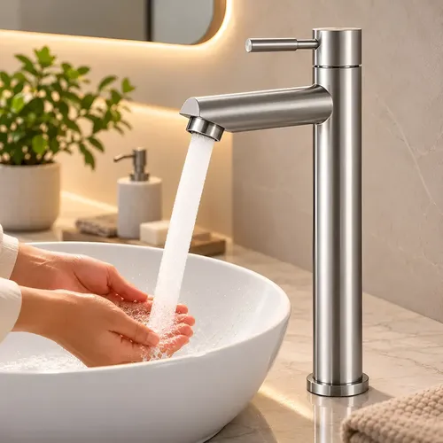 Escovada Torneira Banheiro 1/4 Volta Bancada Bica Alta Luxo Inox 304 Aço Escovado