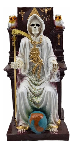 Santa Muerte Blanca Ritualizada Sentada En Trono 22 Cm Resin