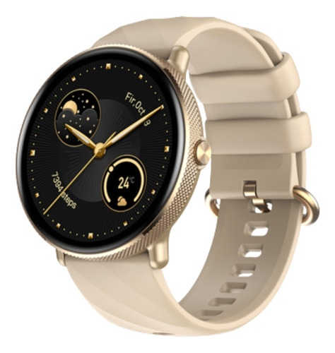 Reloj inteligente redondo Zeblaze Gtr 3 Pro, pantalla HD de 1,43 pulgadas con carcasa dorada, pulsera negra, bisel negro, diseño de pulsera de silicona