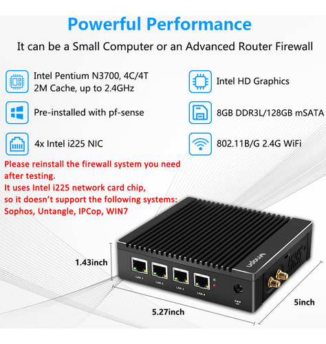 Micro Firewall Appliance Intel N3700, 4gb Ram, 64gb Ssd