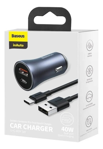 Carregador Veicular Turbo 40w Baseus Usb e Tipo C com Cabo 1 Metro