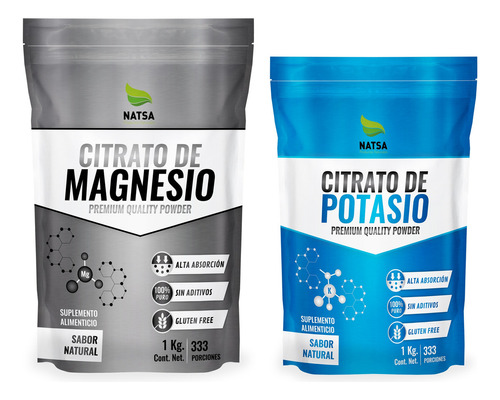 1 Kg Citrato De Magnesio + 1 Kg Citrato De Potasio En Polvo Sabor Natural