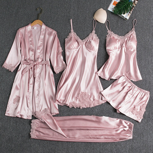 5pzs Conjunto De Pijama Sexy De Seda Helada Para Mujer