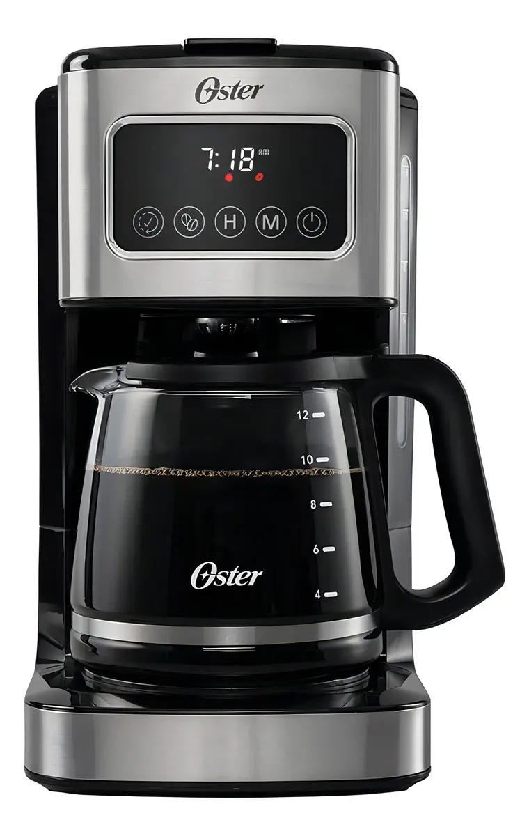 Oster Cafetera Programable, Pantalla Táctil, Jarra de Vidrio, de 12 Tazas, Negro y Acero Inoxidable