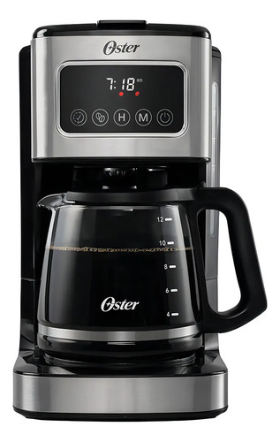 Oster Cafetera Programable, Pantalla Táctil, Jarra de Vidrio, de 12 Tazas, Negro y Acero Inoxidable