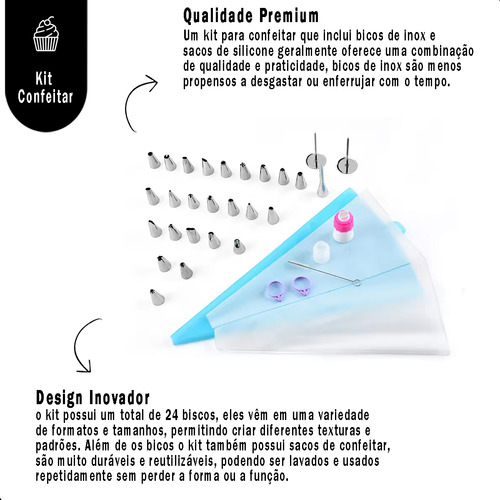 Jogo De Bicos Inox Kit Com 35 Peças Confeitar Bolo Tortas