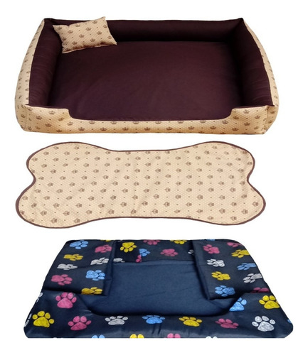 Cama Para Cachorro Grande Gg 95x95 Cm + Tapete E Capa Extra Cor Cama Marrom E Capa Azul Marinho