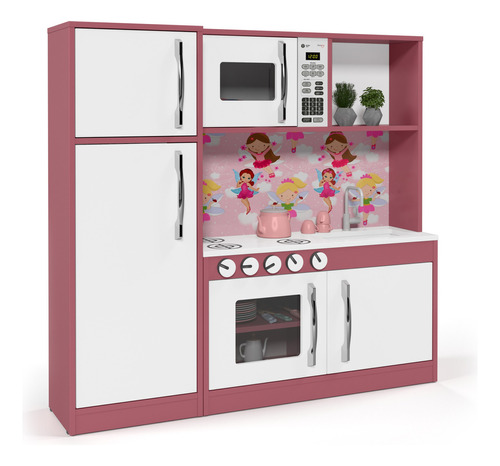 Cozinha Infantil Completa Diana Com Refrigerador Meninas Mdf Cor Rosa/branco