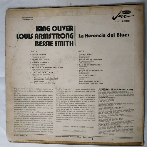 Música Disco Vinilo,king Oliver Lovis Armstrong Bessie Smiht (Usado)
