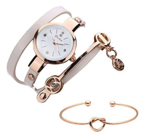 Kit Relógio Feminino Dourado Pulseira Branca Com Bracelete