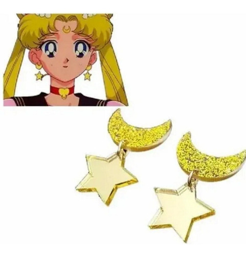 Sailor Moon - Aretes Luna Dorados Acrilico Kawaii Estrella